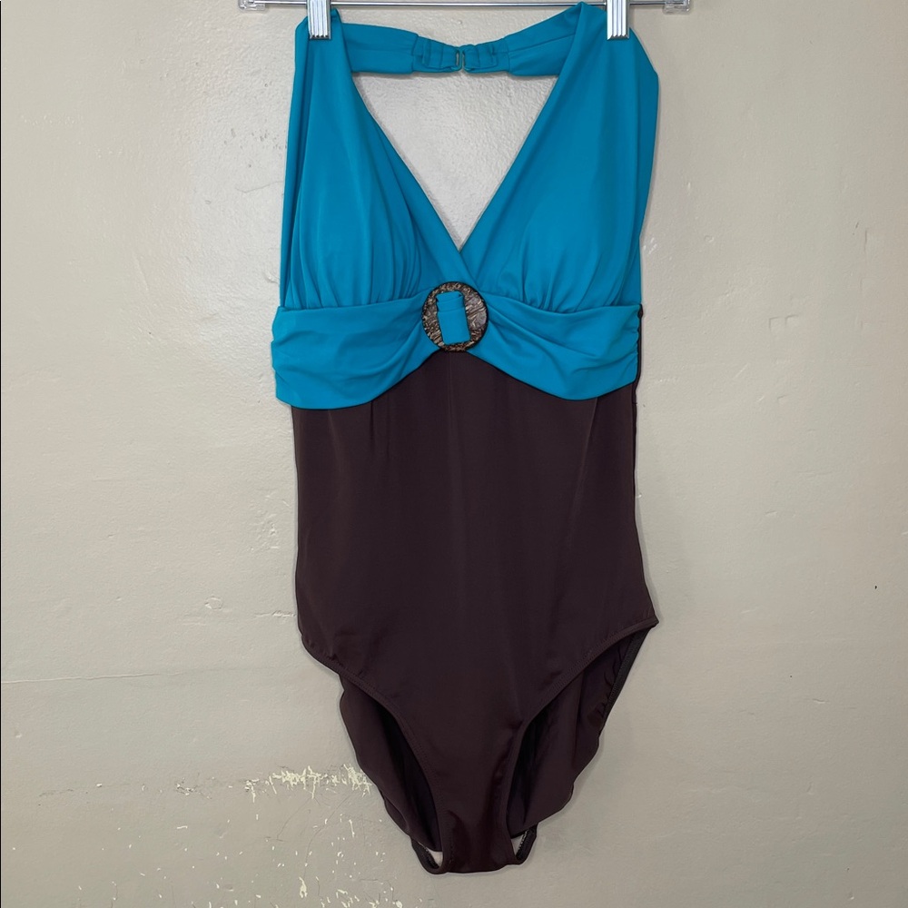 SILHOUETTE SOLUTIONS Y2K Halter One Piece Swimsuit Turquoise & Brown 14